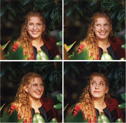 A series of four portraits shows a faculty member outdoors, smiling and looking in different directions amid green foliage.